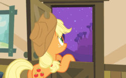 Size: 680x420 | Tagged: safe, applejack, earth pony, pony, apple family reunion, animated, applejack's parents, bipedal, bipedal leaning, female, leaning, looking up, mare, night, shooting stars, solo, stars