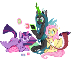 Size: 4032x3408 | Tagged: safe, artist:switchsugar, discord, fluttershy, queen chrysalis, twilight sparkle, twilight sparkle (alicorn), alicorn, changeling, changeling queen, pegasus, pony, absurd resolution, card game, glowing horn, levitation, magic, simple background, sitting, spread wings, telekinesis, white background, wings