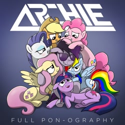 Size: 1280x1280 | Tagged: safe, artist:petirep, derpibooru import, applejack, fluttershy, pinkie pie, rainbow dash, rarity, twilight sparkle, oc, oc:archie, earth pony, pegasus, pony, unicorn, album cover, archie v, bedroom eyes, mane six, pun