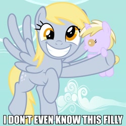 Size: 500x500 | Tagged: safe, artist:beavernator, derpy hooves, dinky hooves, filly, image macro, smiling