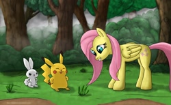 Size: 1750x1076 | Tagged: safe, artist:slightmist, angel bunny, fluttershy, pegasus, pikachu, pony, jealous