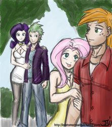 Size: 882x1000 | Tagged: safe, artist:johnjoseco, artist:michos, big macintosh, fluttershy, rarity, spike, human, clothes, female, fluttermac, humanized, male, older, older spike, pantyhose, shipping, sparity, straight