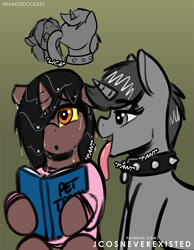 Size: 793x1024 | Tagged: safe, artist:jcosneverexisted, derpibooru import, oc, oc only, oc:howl, oc:loki ebonhoof, pony, behaving like a dog, book, collar, drool, face licking, female, licking, long tongue, pet, reading, sitting, tongue out, wet