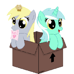 Size: 300x300 | Tagged: safe, artist:tomdantherock, derpy hooves, lyra heartstrings, pegasus, pony, animated, box, card, cardboard box, cute, derpabetes, duo, ear twitch, eye shimmer, female, food, grin, heart, lyrabetes, mare, mouth hold, muffin, pony in a box, simple background, smiling, transparent background