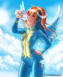 Size: 744x900 | Tagged: safe, artist:racoonsan, derpibooru import, rainbow dash, human, breasts, clothes, cutie mark on clothes, drink, drinking, eyes closed, female, humanized, long hair, solo, spread wings, sweat, uniform, water, water bottle, winged humanization, wings, wonderbolts uniform