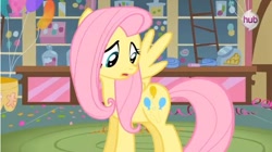 Size: 598x336 | Tagged: safe, screencap, fluttershy, pegasus, pony, magical mystery cure, swapped cutie marks, what my cutie mark is telling me