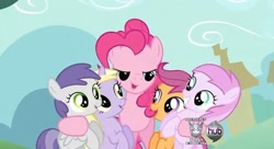 Size: 636x345 | Tagged: safe, screencap, dinky hooves, pinkie pie, piña colada, scootaloo, tornado bolt, earth pony, pony, a friend in deed, applecore, bedroom eyes, hub logo, out of context, piña cutelada, smile smile smile, smile song