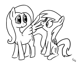 Size: 1280x1053 | Tagged: safe, artist:saine grey, derpy hooves, fluttershy, pegasus, pony, black and white, derpyshy, female, grayscale, lesbian, mare, monochrome, preening, shipping, simple background, white background