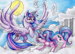 Size: 3338x2373 | Tagged: safe, artist:lunar-white-wolf, starlight glimmer, twilight sparkle, twilight sparkle (alicorn), alicorn, pony, the cutie re-mark, cloud, confrontation, duo, flight camp, looking at each other, looking down, looking up, rearing, sun, traditional art