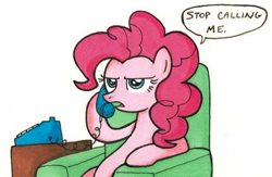 Size: 483x315 | Tagged: artist needed, safe, pinkie pie, earth pony, pony, armchair, dialogue, lidded eyes, open mouth, phone, simple background, sitting, solo, stop calling me, white background