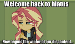 Size: 800x472 | Tagged: safe, edit, edited screencap, screencap, sunset shimmer, equestria girls, friendship games, depressed, hiatus, image macro, meme, meta, richard iii, shakespeare, solo, sunsad shimmer, welcome to the hiatus