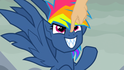 Size: 960x540 | Tagged: safe, derpibooru import, edit, screencap, evil pie hater dash, rainbow dash, pegasus, pony, secrets and pies, adorapiehater, boop, boop edit, cute, dashabetes, evil grin, female, glare, grin, hand, looking up, mare, sharp teeth, smiling, smirk, solo focus, spread wings, teeth, wings