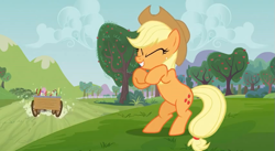 Size: 851x468 | Tagged: safe, screencap, applejack, earth pony, pony, apple family reunion, female, laughing, mare