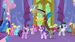 Size: 1600x900 | Tagged: safe, screencap, apple bloom, berry punch, berryshine, bon bon, cherry berry, daisy, discord, flower wishes, linky, lucky clover, meadow song, scootaloo, shoeshine, starlight glimmer, sweetie belle, sweetie drops, twilight sparkle, twilight sparkle (alicorn), alicorn, pony, celestial advice, twilight's castle