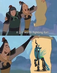 Size: 756x971 | Tagged: safe, queen chrysalis, changeling, changeling queen, a girl worth fighting for, caption, crossover, disney, exploitable meme, female, meme, mulan