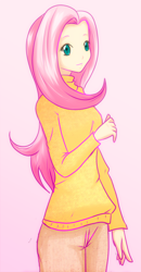 Size: 416x800 | Tagged: safe, artist:monochromaticbay, fluttershy, human, clothes, cute, female, humanized, pink background, shyabetes, simple background, solo, sweater, sweatershy