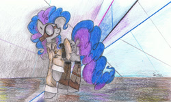 Size: 2420x1440 | Tagged: safe, artist:all-twinkie, pinkie pie, earth pony, pony, clothes, goggles, looking to side, looking to the right, raised hoof, shirt, signature, simple background, smiling, solo, traditional art, two toned mane, two toned tail