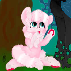 Size: 500x500 | Tagged: safe, artist:timeatriy-time-lives, queen chrysalis, oc, oc:fluffle puff, changeling, changeling queen, pony, fluffy, pink, queen