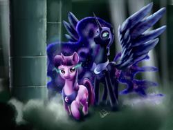 Size: 1200x900 | Tagged: safe, artist:archonix, derpibooru import, nightmare moon, twilight sparkle, corrupted, corrupted twilight sparkle, dark, sombra eyes