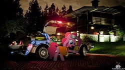Size: 1024x576 | Tagged: safe, pinkie pie, earth pony, pony, back to the future, car, crossover, delorean, great scott, ponies in real life, time machine, time travel, wallpaper