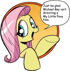 Size: 421x431 | Tagged: safe, idw, fluttershy, pegasus, pony, comic, comic sans, exploitable meme, good advice fluttershy, meme, michael bay