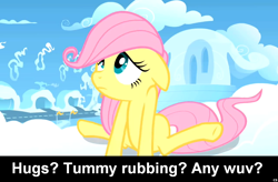 Size: 1024x672 | Tagged: safe, edit, edited screencap, screencap, fluttershy, pegasus, pony, bronybait, caption, cloud, cloudsdale, female, filly, filly fluttershy, floppy ears, foal, solo, younger