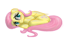 Size: 800x400 | Tagged: safe, artist:inmydefence, fluttershy, pegasus, pony, curled up, female, floppy ears, mare, simple background, solo, white background