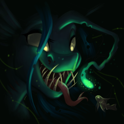 Size: 6000x6000 | Tagged: safe, artist:faline-art, derpibooru import, queen chrysalis, angler fish, changeling, changeling queen, fish, forked tongue, long tongue, solo, species swap, teeth, tongue out