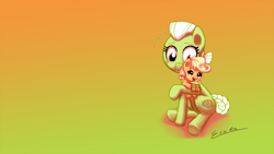 Size: 2000x1125 | Tagged: safe, artist:esuka, applejack, granny smith, earth pony, pony, apple family reunion, babyjack, wallpaper