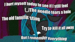 Size: 1200x675 | Tagged: safe, edit, edited screencap, screencap, queen chrysalis, changeling, changeling queen, deep fried meme, edgy, edgy as fuck, eyes closed, female, implied self harm, johnny cash, meme, nine inch nails, solo, text