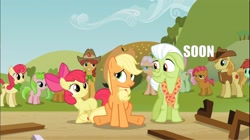 Size: 2578x1446 | Tagged: safe, artist:aponybrony, edit, edited screencap, screencap, apple bloom, apple bumpkin, apple rose, applejack, babs seed, braeburn, candy apples, florina tart, granny smith, half baked apple, sweet tooth, earth pony, pony, apple family reunion, apple family member, apple squash, image macro, meme, soon