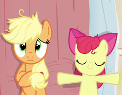 Size: 1394x1080 | Tagged: safe, screencap, apple bloom, applejack, earth pony, pony, apple family reunion, bed, female, filly, implications, mare, on back, out of context, pillow