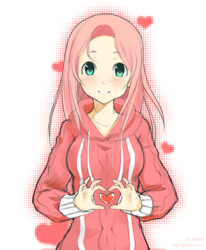 Size: 1648x2000 | Tagged: safe, artist:derpiihooves, fluttershy, human, clothes, cute, faith summers, heart hands, hoodie, humanized, looking at you, moe, shyabetes, solo, starswirl academy, valentine's day
