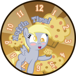 Size: 600x600 | Tagged: safe, artist:midnytesketch, derpy hooves, pegasus, pony, blushing, clock, cute, female, mare, muffin, solo