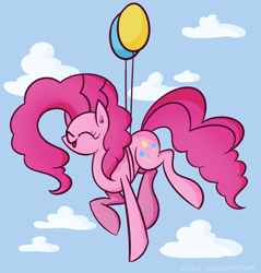 Size: 1884x1971 | Tagged: safe, artist:faikie, pinkie pie, earth pony, pony, balloon, cloud, cloudy, floating, happy, sky, solo, then watch her balloons lift her up to the sky