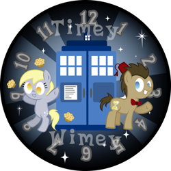 Size: 600x600 | Tagged: safe, artist:midnytesketch, derpy hooves, doctor whooves, pegasus, pony, bowtie, clock, doctor who, female, fez, hat, mare, muffin, tardis