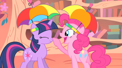 Size: 1280x720 | Tagged: safe, derpibooru import, screencap, pinkie pie, twilight sparkle, earth pony, pony, feeling pinkie keen, boop, cute, eyes closed, hat, honk, open mouth, smiling, umbrella hat