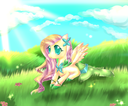 Size: 1024x853 | Tagged: safe, artist:aquagalaxy, fluttershy, pegasus, pony, clothes, dress, field, gala dress, plant, sunshine