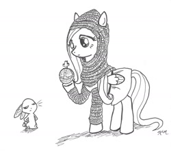 Size: 1432x1292 | Tagged: safe, artist:catscratchpaper, angel bunny, fluttershy, pegasus, pony, armor, chainmail, crossover, holy hand grenade, holy hand grenade of antioch, monty python, monty python and the holy grail, traditional art