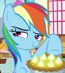 Size: 969x1080 | Tagged: safe, derpibooru import, screencap, rainbow dash, pegasus, pony, secrets and pies, female, food, lidded eyes, looking at you, mare, mischievous, pie, pointing, solo