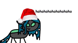 Size: 853x479 | Tagged: safe, artist:round trip, edit, queen chrysalis, changeling, changeling queen, the mean 6, c:, christmas, christmas changeling, floppy ears, hat, holiday, minimalist, modern art, queen christmas, round trip's mlp season 8 in a nutshell, santa hat, simple background, smiling, solo, stylistic suck, wat, white background