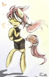 Size: 700x1101 | Tagged: safe, artist:fedte, fluttershy, pegasus, pony, clothes, injured, solo