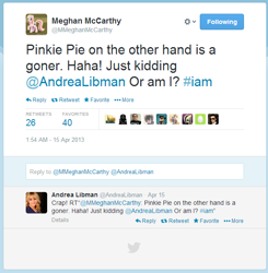 Size: 602x614 | Tagged: safe, pinkie pie, andrea libman, meghan mccarthy, seems legit, text, twilight will not outlive her friends, twitter