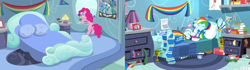 Size: 1600x450 | Tagged: safe, derpibooru import, screencap, pinkie pie, rainbow dash, equestria girls, secrets and pies, bed, bedroom, comparison, converse, lamp, rainbow dash's bedroom, rainbow dash's house, rug, shoes, wonderbolts poster