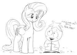 Size: 588x421 | Tagged: source needed, useless source url, safe, artist:sunibee, fluttershy, pegasus, pony, butters, crossover, flutterbutters, lineart, monochrome, south park