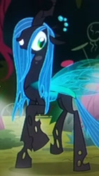 Size: 1440x2560 | Tagged: safe, screencap, queen chrysalis, changeling, changeling queen, the mean 6, female, picture of a screen, smiling, solo