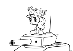Size: 1280x904 | Tagged: safe, artist:nasse, pinkie pie, earth pony, pony, female, mare, monochrome, simple background, solo, tank (vehicle), white background