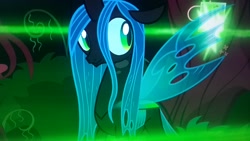 Size: 2560x1440 | Tagged: safe, screencap, queen chrysalis, changeling, changeling queen, the mean 6, female, picture of a screen, sideways glance, solo