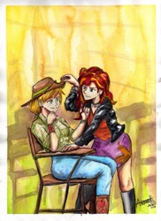 Size: 697x960 | Tagged: safe, artist:androk-aal, applejack, sunset shimmer, equestria girls, appleshimmer, classroom, female, humanized, lesbian, looking at each other, shipping