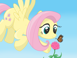 Size: 943x717 | Tagged: safe, artist:fluttershyfree, fluttershy, butterfly, pegasus, pony, flower, solo